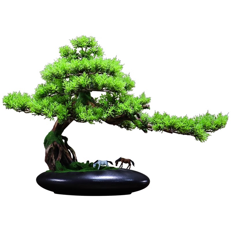 新中式迎客松摆件装饰品根雕造景 牧马迎客松-大美叶/盆高清大图