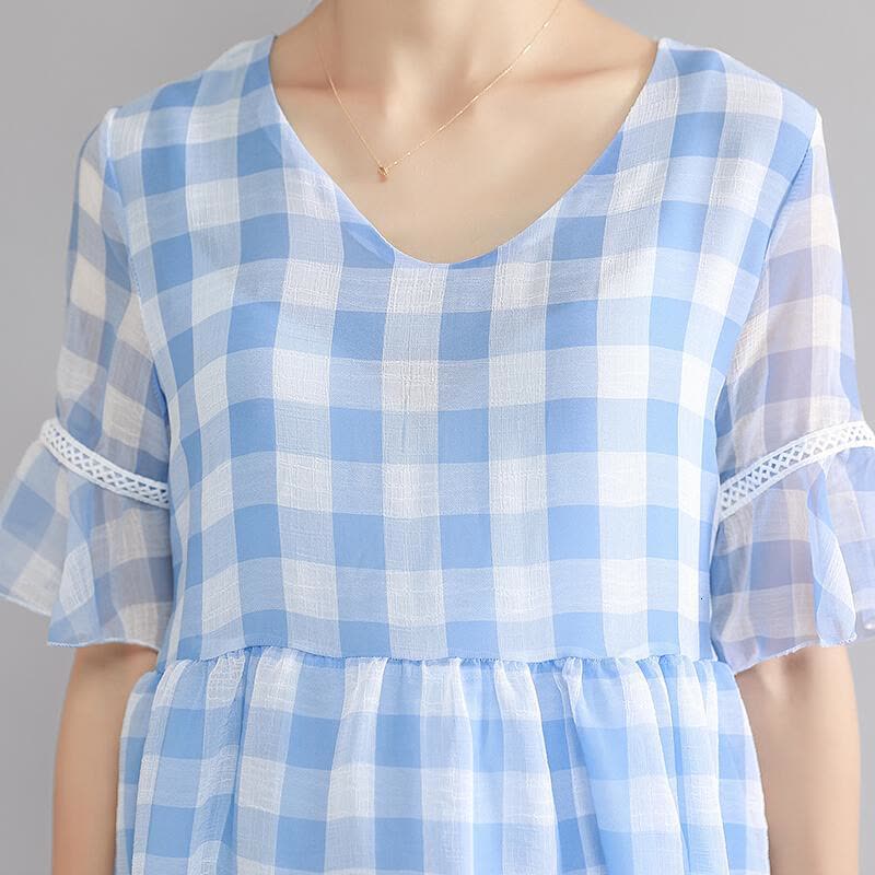 迪鲁奥(DILUAO)孕妇装夏孕妇连衣裙 夏季天女装潮妈怀孕妇装中长款格子连衣裙孕妇裙B309-19.9 蓝色图片