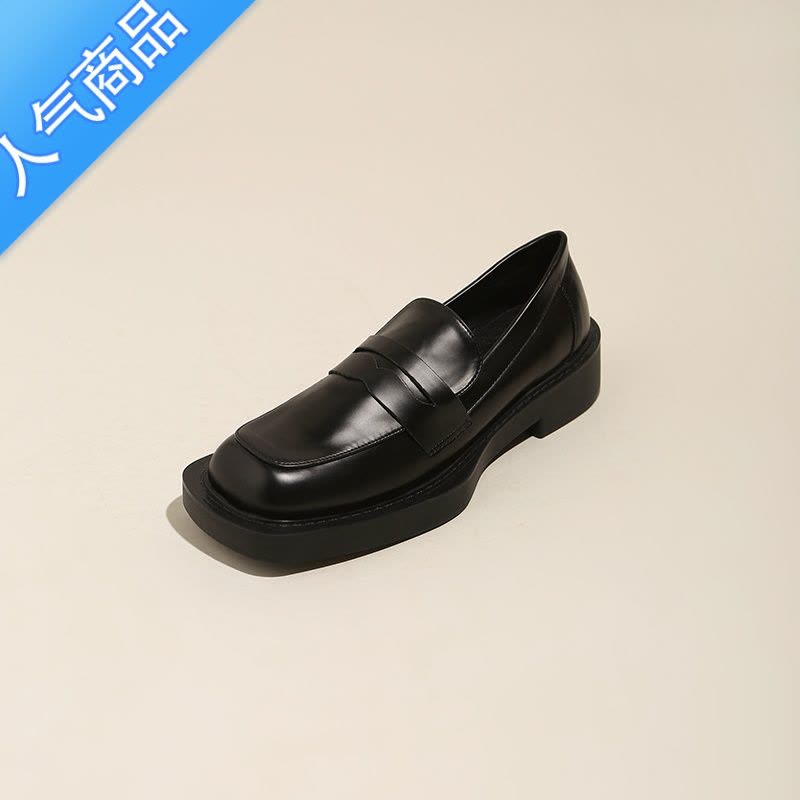 SUNTEK春夏英伦风单鞋乐福鞋女鞋新款2023厚底方头粗跟中跟显瘦小皮鞋女图片
