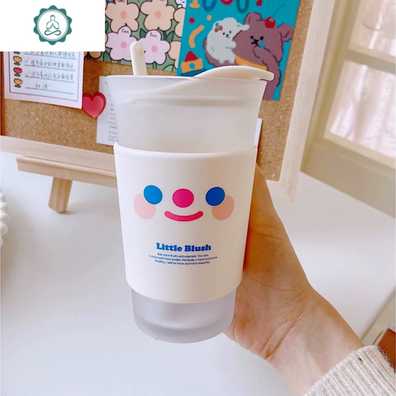 韩国ins网红咖啡杯可爱磨砂水杯子吸管玻璃杯少女心学生超萌防烫 封后
