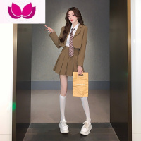 七斓小个子复古学院风西装外套女高级感西服jk制服百褶裙三件套装 M 深卡色套装西装外套+衬衫+领带+百褶裙