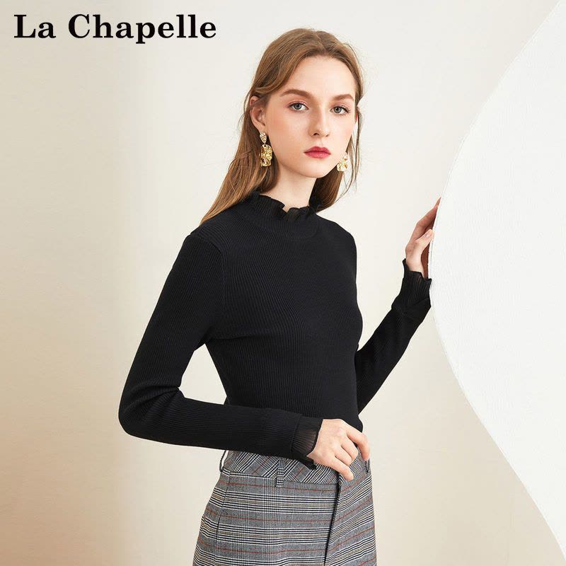 拉夏贝尔专柜cies新款修身显瘦韩版套头荷叶袖打底针图片