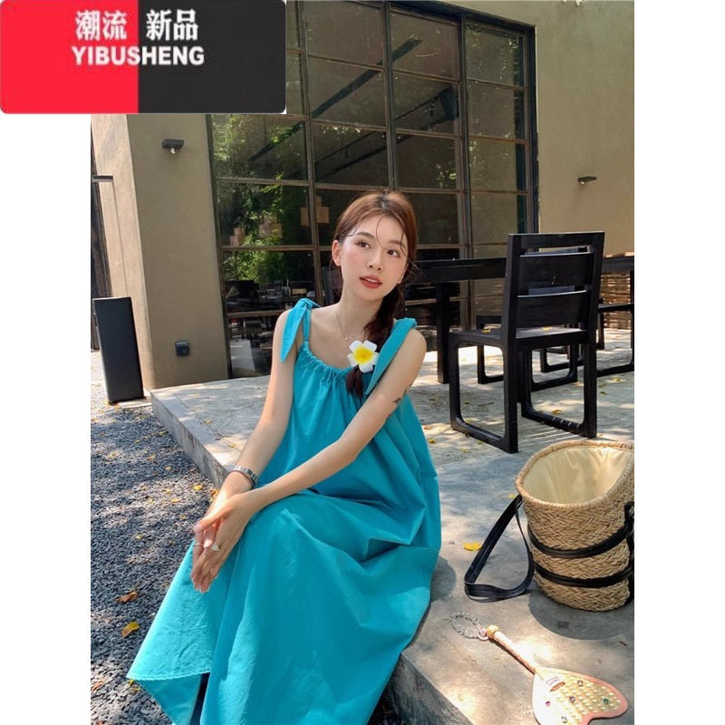 YIBUSHENG海边度假风湖蓝色系带吊带连衣裙女季慵懒风宽松法式气质裙松Y高清大图