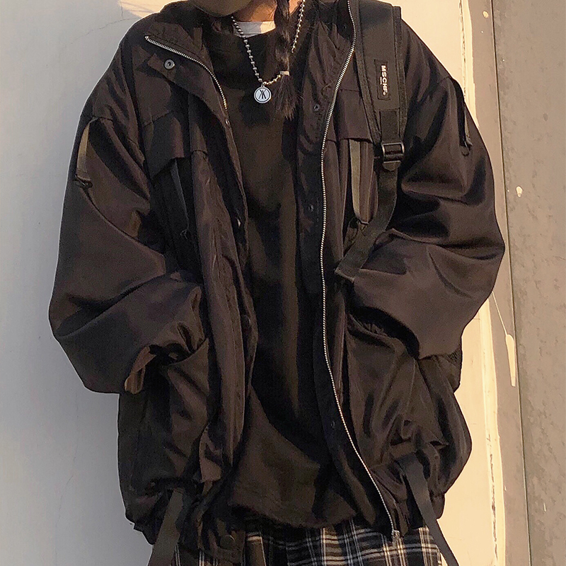 韩国ins春秋原宿宽松飘带工装外套夹克风衣棒球服男女潮视频
