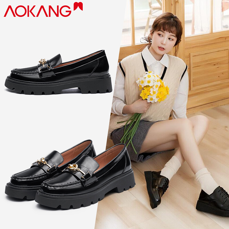 奥康女鞋新款马衔扣英伦风复古小皮鞋jk鞋女单鞋百搭厚底乐福鞋