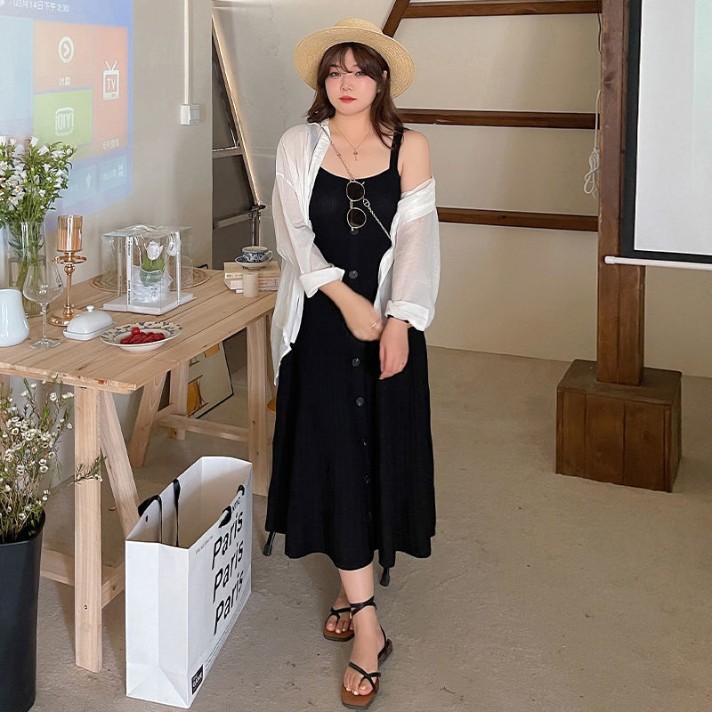 美动态大码女装显瘦a字吊带裙女2022夏季新款200斤胖mm针织连衣裙