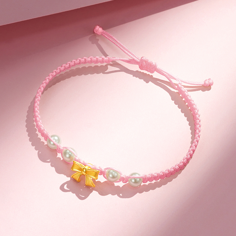 梦金园在逃公主蝴蝶结黄金转运珠甜美少女心编绳足金送女友手链生日
