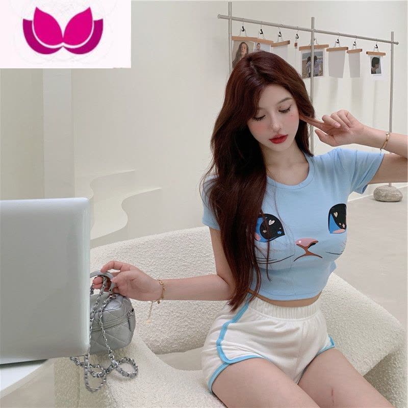 七斓2022新款卡通猫咪纯欲风甜辣T恤女装短款紧身辣妹短袖ins潮流上衣图片