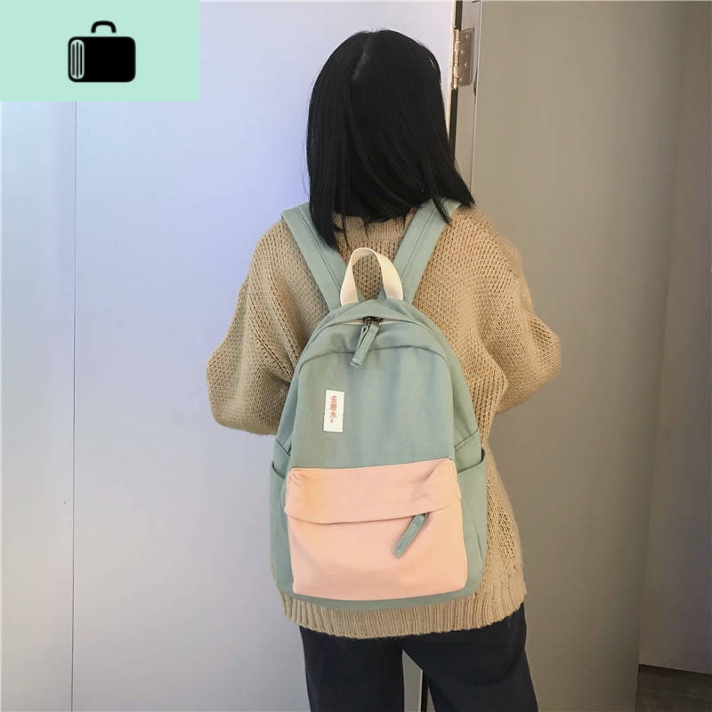 书包女韩版撞色简约ins双肩包女古着感少女大中学生帆布背包耐用NEW LAKE 撞色-绿色（加厚有防盗后袋）书包