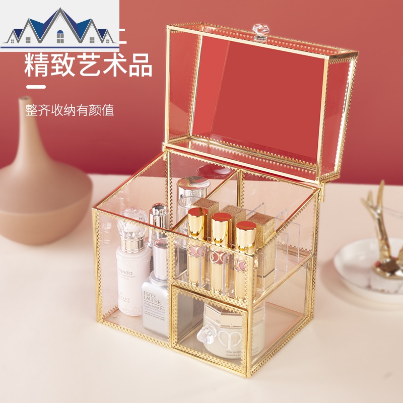 网红玻璃化妆品收纳盒翻盖防尘口红刷桶非亚克力梳妆台桌面整理架 三维工匠高清大图