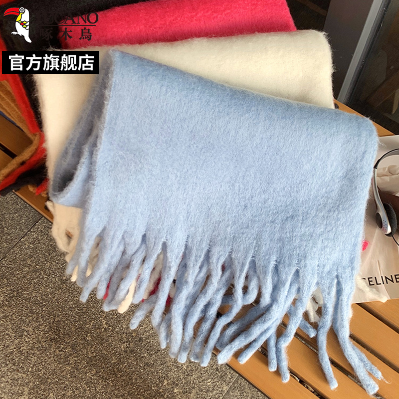 啄木鸟2025新款碎冰蓝纯色围巾女秋冬季氛围感防寒马海毛围脖披5高清大图