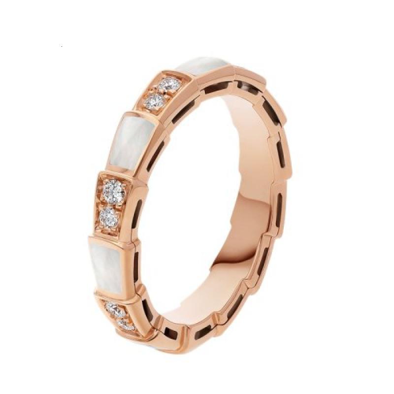宝格丽 serpenti viper系列 经典款白贝母18k金玫瑰金色带钻 蛇形戒指