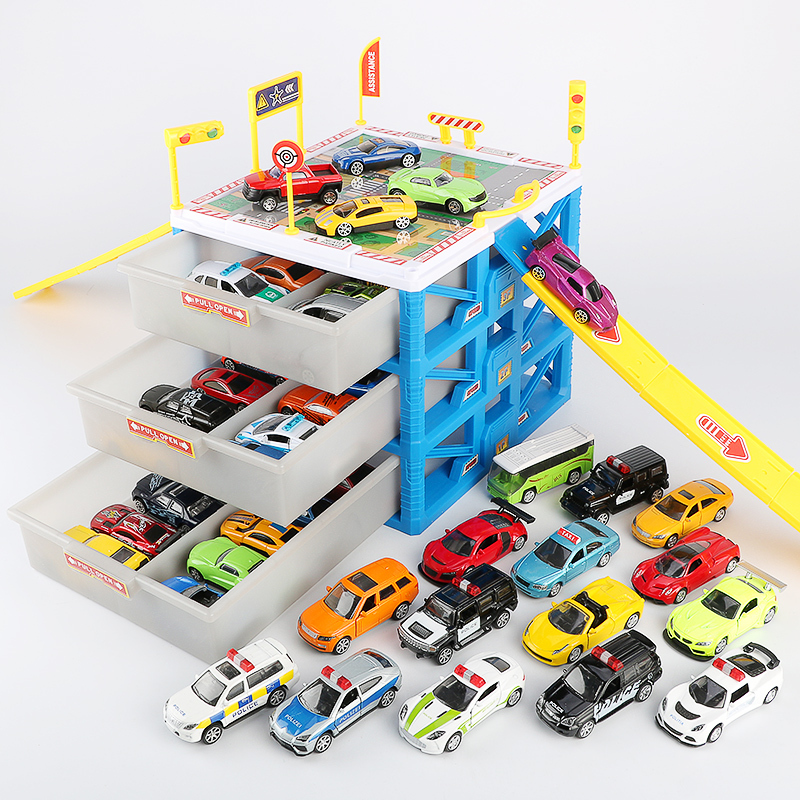 儿童停车场玩具套装男孩小汽车合金车收纳盒仿真多层小车库模型蓝色