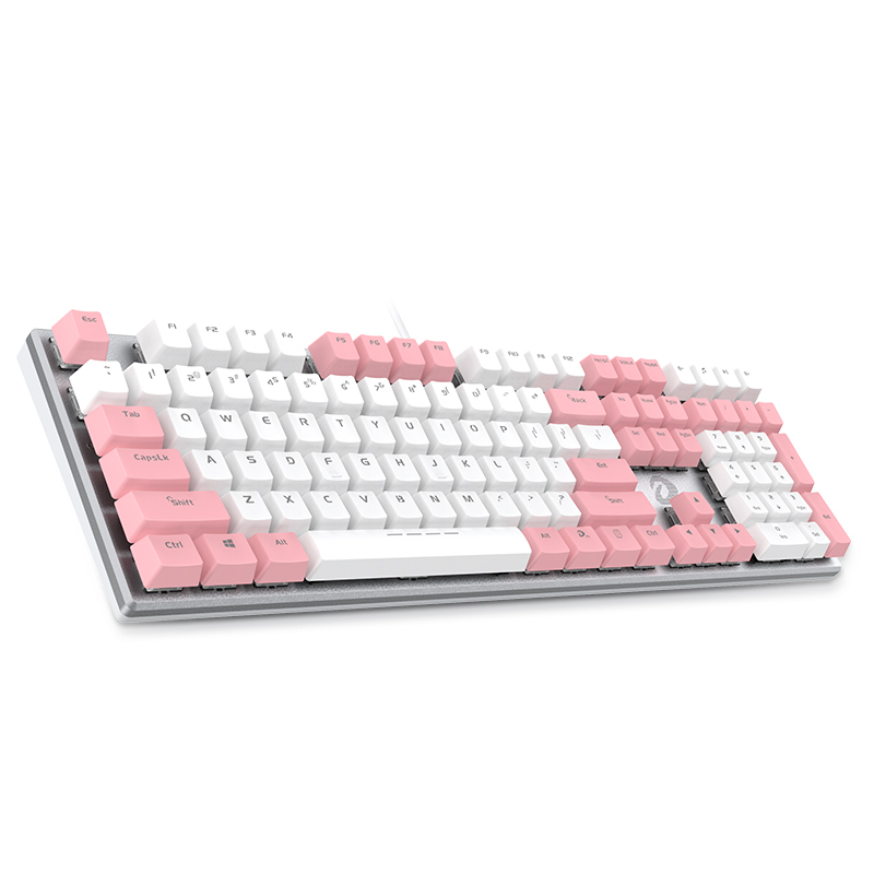 达尔优(dareu)机械师合金版 机械键盘 有线键盘 游戏键盘 108键单光 女生 电脑键盘 白粉色双拼 红轴高清大图
