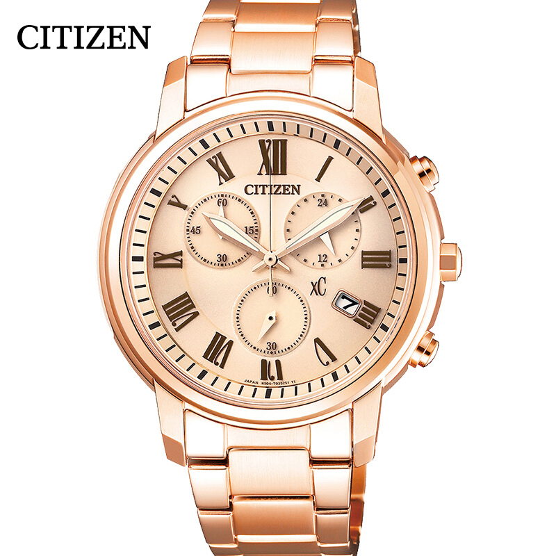 西铁城（CITIZEN）光动能粉金色不锈钢表带罗马字符表盘简约时尚休闲女表FB1432-55X