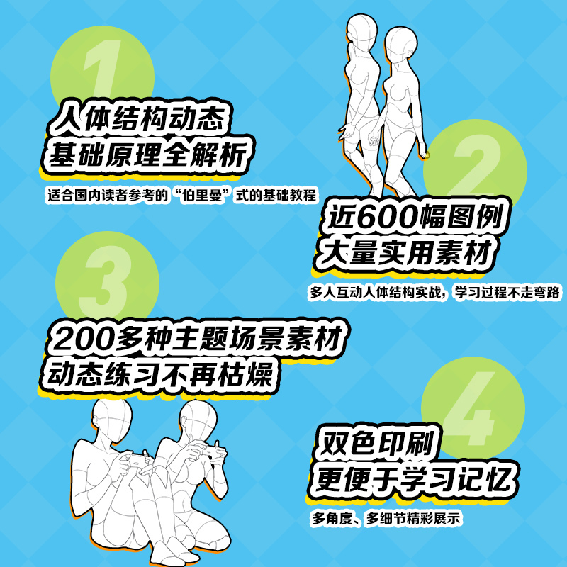 [正版]动态集 二次元动漫人体素材 多人篇 动漫人体结构动态临摹练习册 速写漫画人物绘画手绘临摹画册画集 600例人体