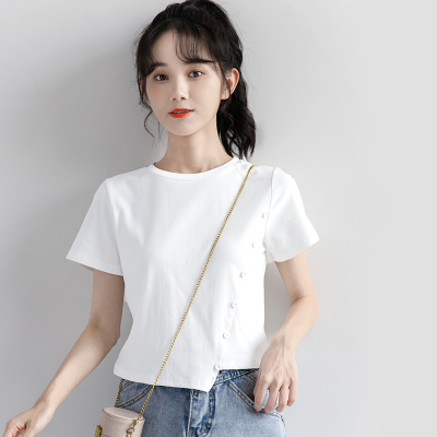 2021夏季新款白色短款设计感上衣女简约百搭学生白短袖t恤韩版潮白色s