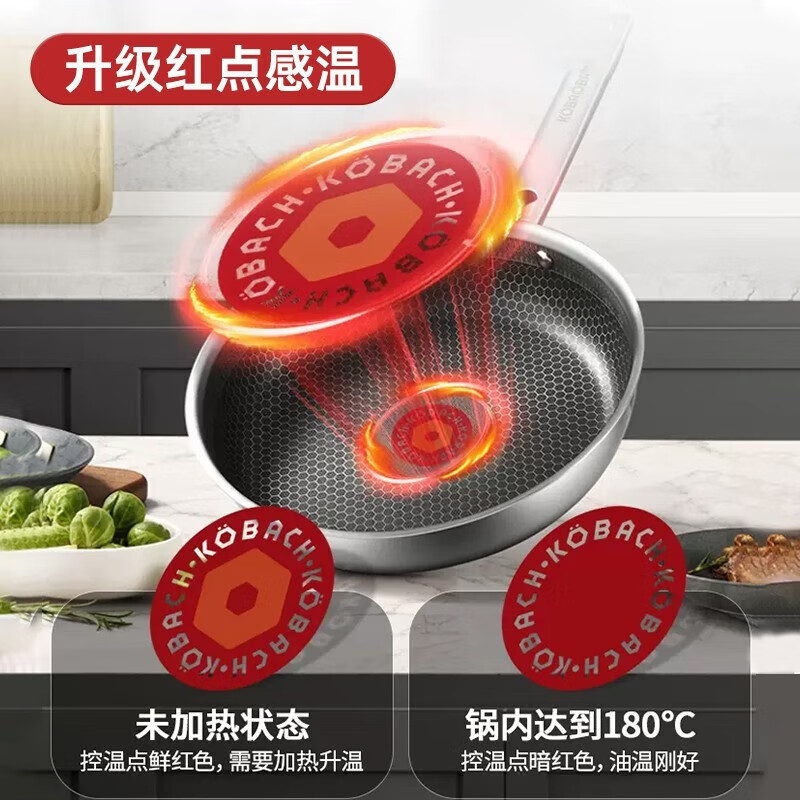 康巴赫(KBH)304不锈钢平底锅红点感温不粘煎锅家用炒菜锅煎蛋锅28cm高清大图