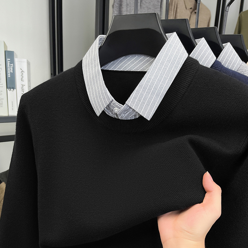加厚男士毛衣假两件2025秋冬季新款翻领休闲打底针织衫男高清大图