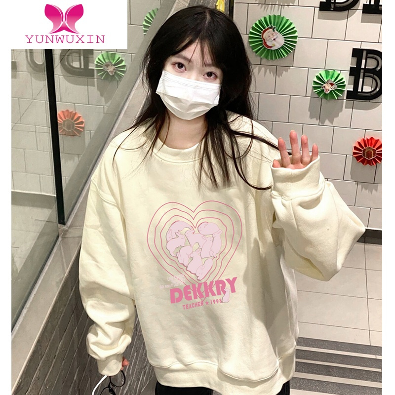 YUNWUXIN奶黄色爱心兔子印花卫衣女ins韩版宽松慵懒风学生情侣上衣潮