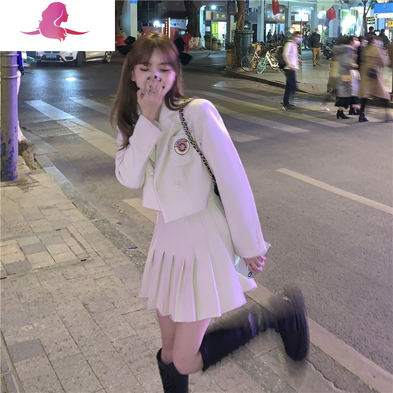 艳如飞学院风约会小个子显高套装女百褶半身裙+毛呢西装外套两件套洋气套装