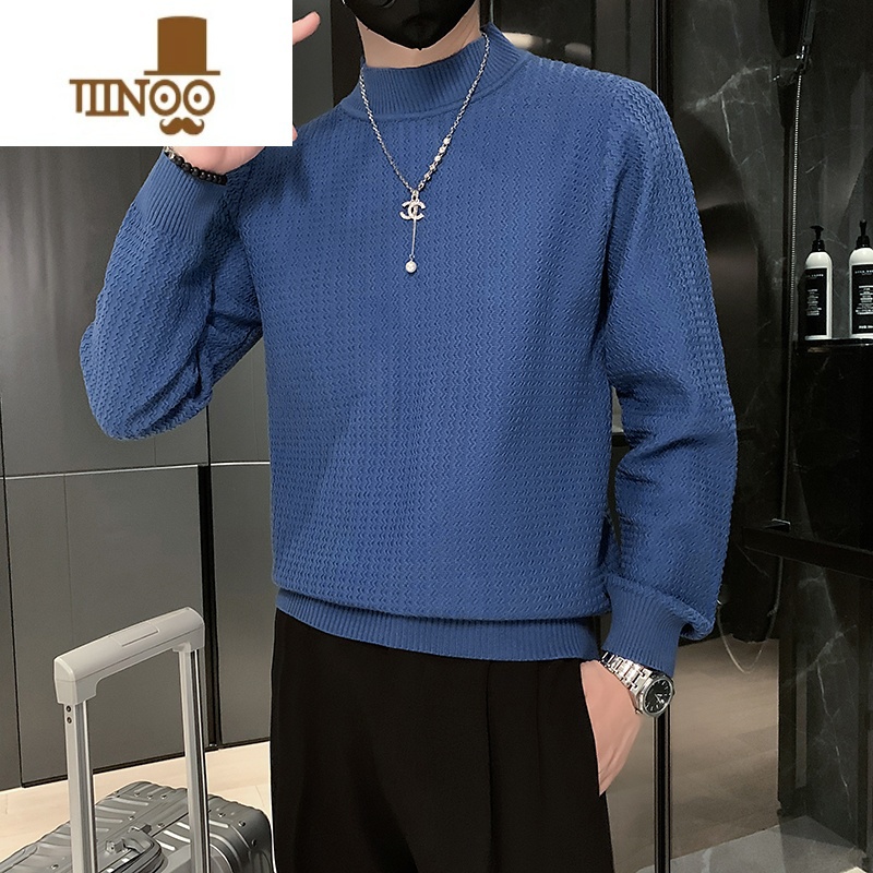 YANXU白色条纹毛衣男秋季休闲百搭打底衫日系潮流简约半高领套头针织衫高清大图
