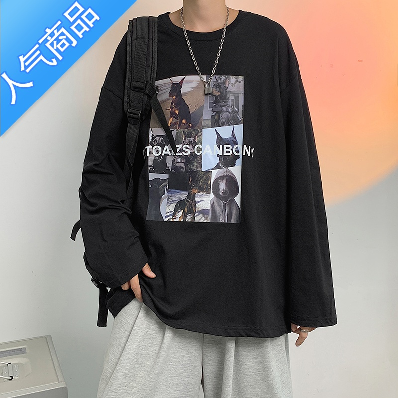 喻娄长袖T恤男春秋季百搭潮牌ins潮流宽松印花打底衫情侣休闲上衣