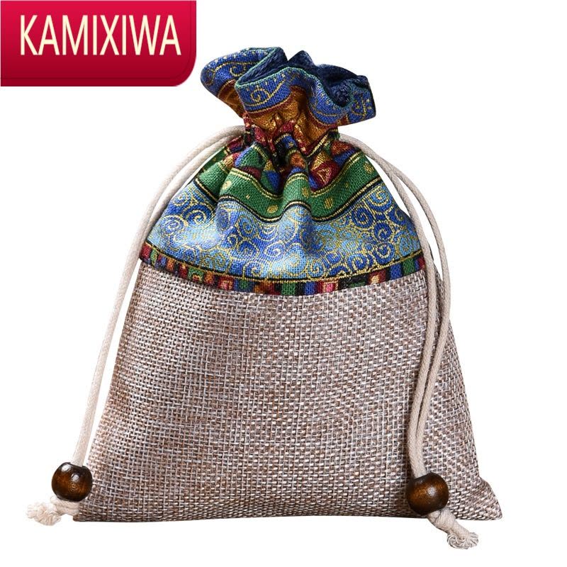 KAMIXIWA棉麻拼接收纳袋大号首饰袋抽绳束口袋绒布袋中式名族风文玩手串袋图片
