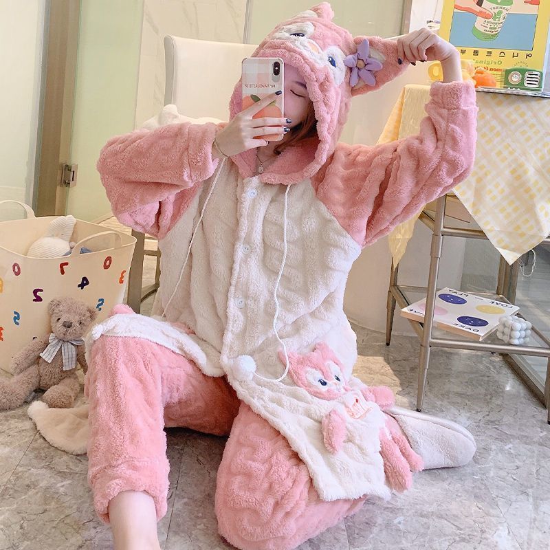 红色圣诞服m玲娜贝儿睡衣女冬季珊瑚绒睡袍加绒加厚卡通可爱法兰绒