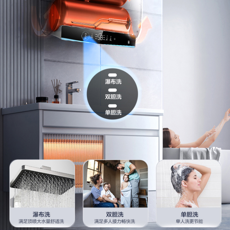 海尔(Haier)电热水器60升P60 3300W扁桶双胆速热 纤薄机身一级能效 单双胆灵活加热WIFI智控高清大图