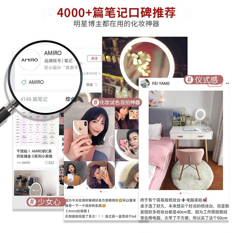 AMIRO 化妆镜子 LED带灯美容镜高清智能日光镜台式美妆镜 化妆补光女生礼物 高端奢金限量款 宝石绿 (充电款)