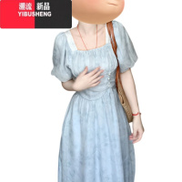 YIBUSHENG法式泡泡袖方领蓝色连衣裙女2024新款温柔高级感收腰气质长裙子