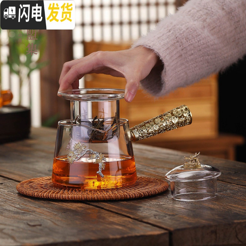 三维工匠烧水壶玻璃茶壶不锈钢过滤加厚家用大容量煮茶壶电陶炉茶具套装 侧把龙壶(800)带花配全自动茶炉(金)高清大图
