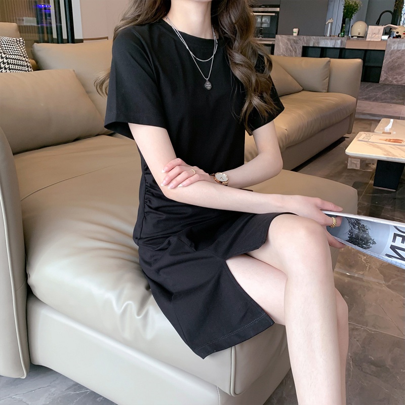 [1.5折价54元]唐狮夏季连衣裙女针织短袖T恤裙小众裙褶皱设计流行