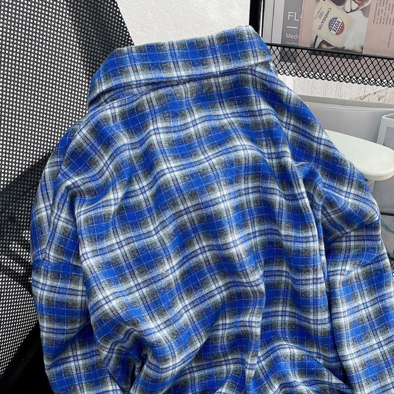 秋壳秋壳蓝色格子衬衫女新款韩版宽松复古长袖中长款盐系百搭上衣外套