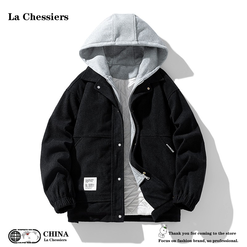 官方灯芯绒假两件棉服男生冬季宽松连帽夹棉外套情侣棉衣潮牌夹克 XL 黑色