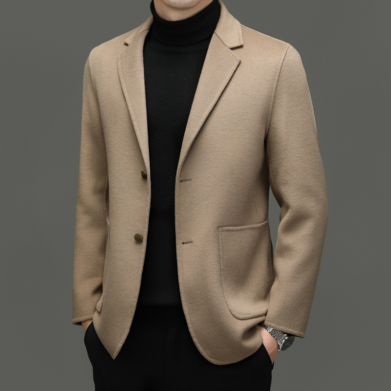 鄂尔多市双面呢子大衣商务休闲西装外套人字纹短款西服毛呢潮春秋单西修身外套西服西装_227 驼色 190