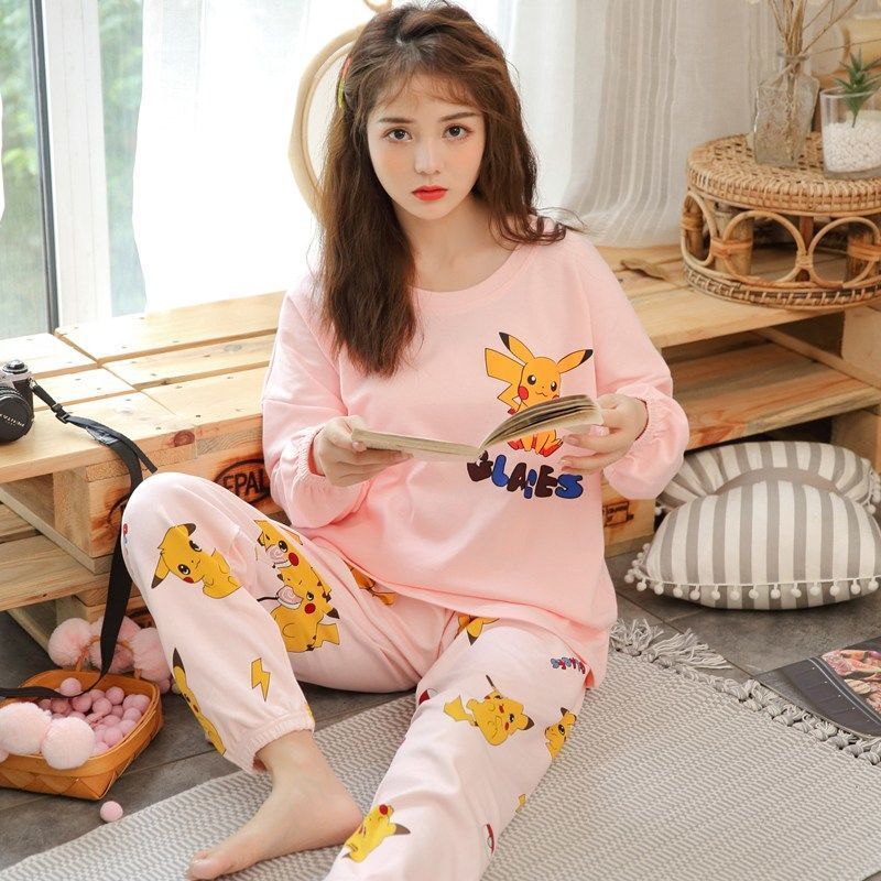 睡衣女秋少女长袖学生甜美可爱韩版宽松加大码春秋两件套装家居服衫