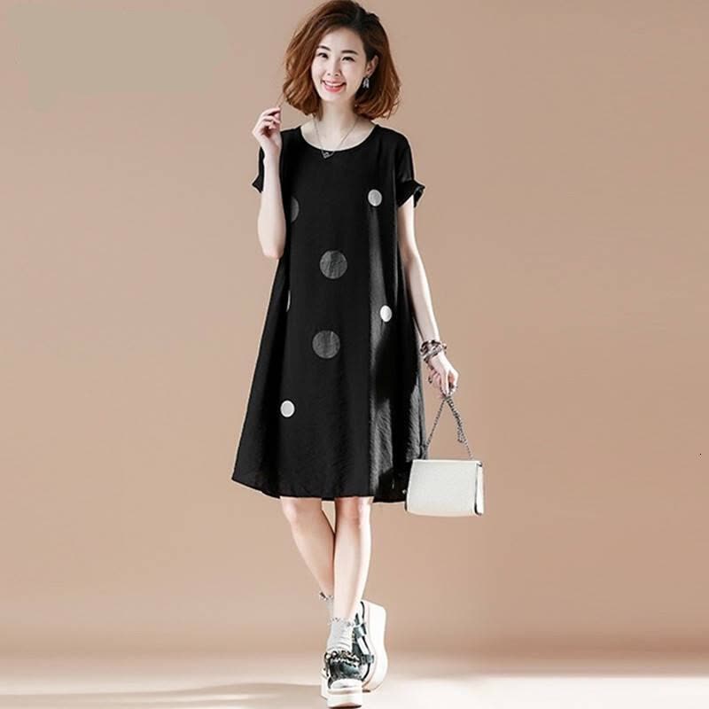 迪鲁奥(DILUAO)LYL 孕妇装2021夏季新款大码点印花连衣裙女夏圆领宽松短袖A字裙孕妇裙F452-11 黑色图片