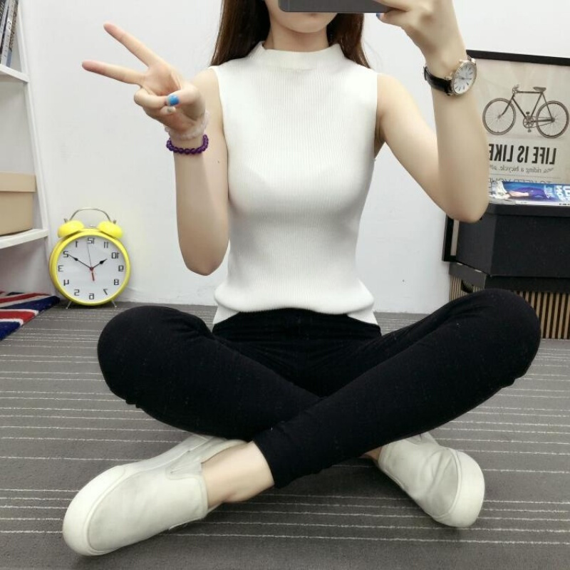 2016夏季韩版修身高领无袖针织衫背心女士薄款套头纯色打底衫上衣白色均码建议80-130斤左右