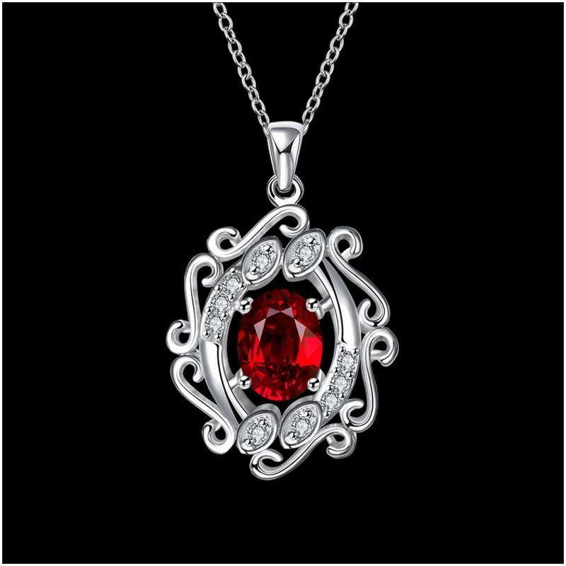 N048Women Silver Necklace镀925纯银镂空宝石坠项链女送友首饰送女朋友七夕情人节礼物