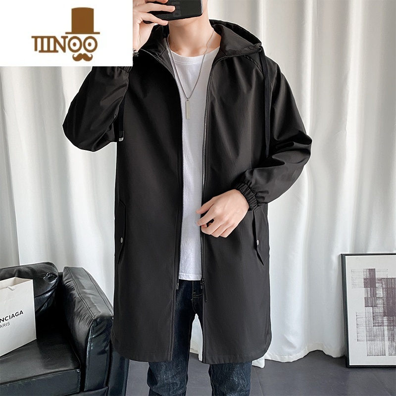 YANXU韩版风衣男士中长款潮牌休闲大衣外套青少年感痞帅连帽高清大图