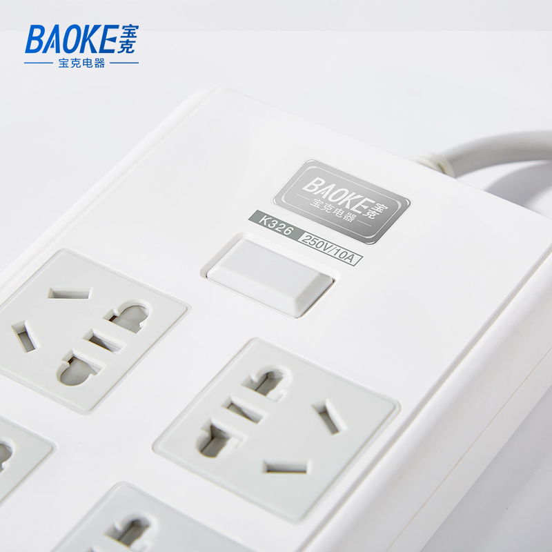 宝克(BAOKE)K326-3K 3m插线板 新国标延长线插座6位组合总控开关 2500W MAX 白色 1个高清大图