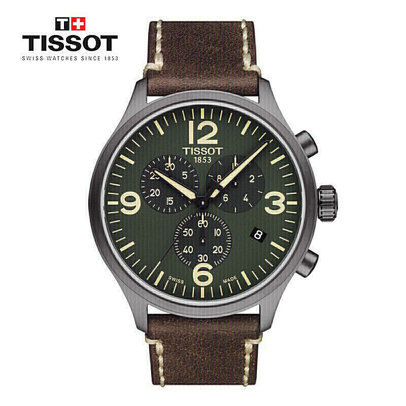 天梭(TISSOT)瑞士手表 运动休闲独特绿盘美食复古 速驰系列皮带男士石英表T116.617.36.097.00