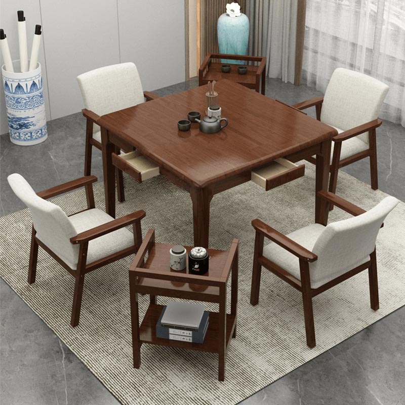 江莱实木四方木桌餐桌一桌四椅 [带抽屉]方桌+4把休闲椅不含茶几 胡桃色 80cm80cm*75cm高清大图