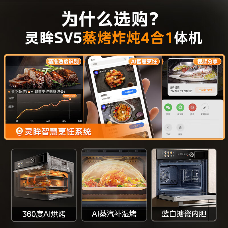 美的(Midea)嵌入式 蒸烤箱一体机 50L蒸箱烤箱家用 AI灵眸智能摄像识材视频分享 蒸烤炸炖四合一体机SV5