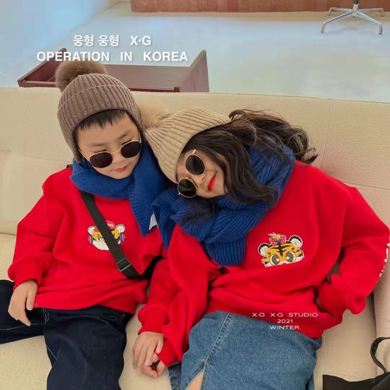 韩国童装男女中大童冬季新年红色过年装老虎本命年儿童加绒卫衣潮