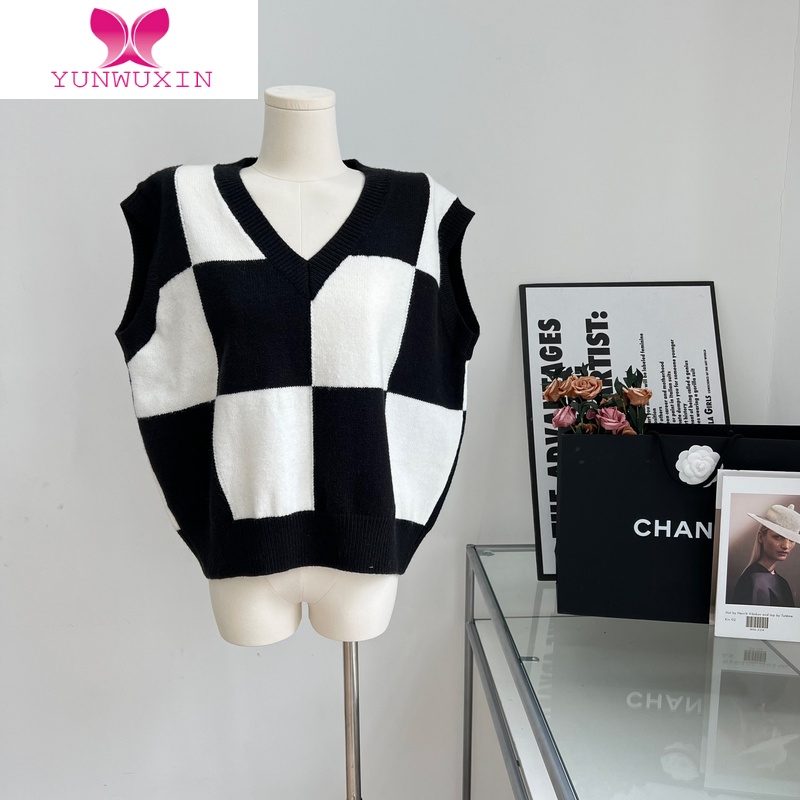 YUNWUXIN珊珊家 设计感后背绑带黑白棋盘格针织马甲女套头秋无袖背心上衣马夹