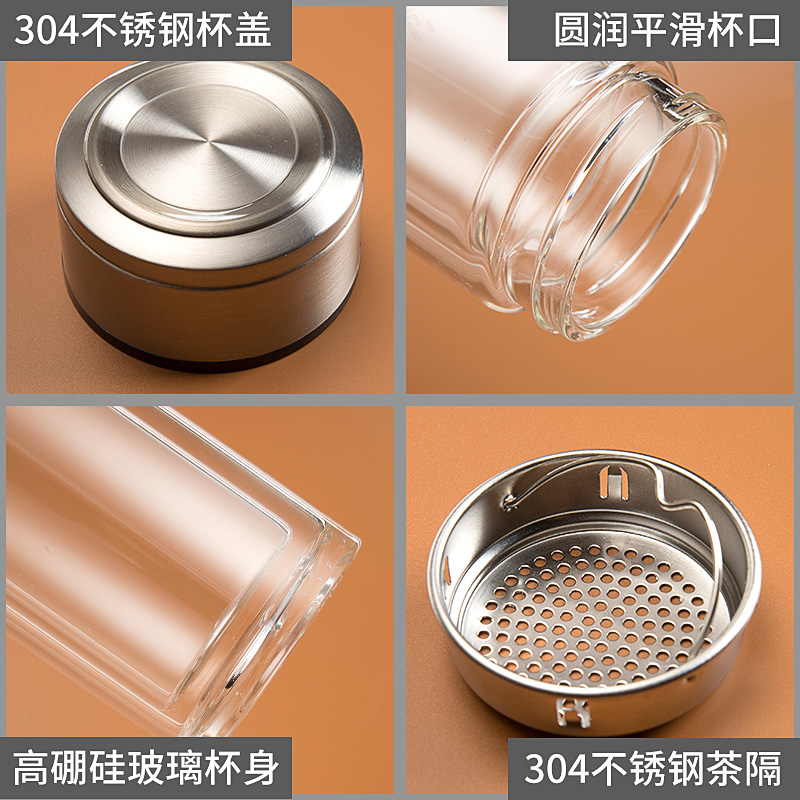 家柏饰(CORATED)玻璃杯 双层便携水杯带盖过滤办公杯男女杯子耐热车载茶杯 黑色350ml(不锈钢内盖)高清大图