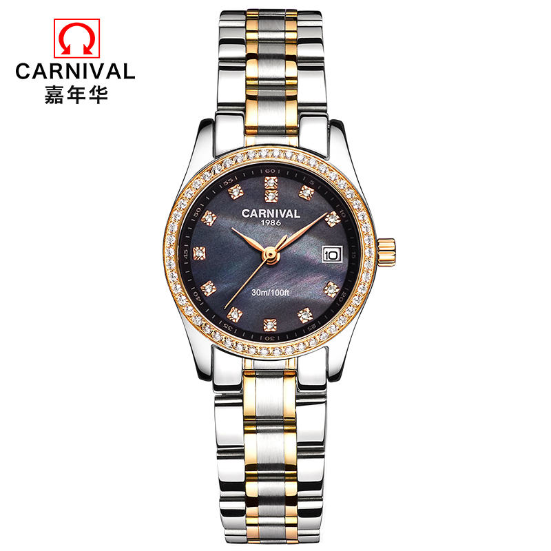 正品嘉年华Carnival手表女士石英表 女表水钻时尚休闲潮流简约防水表金属钢带带日历新款女表8061 间金黑面